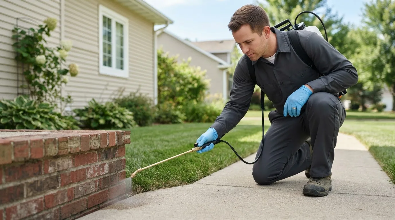 Pest control technician treating a home near Call, TX